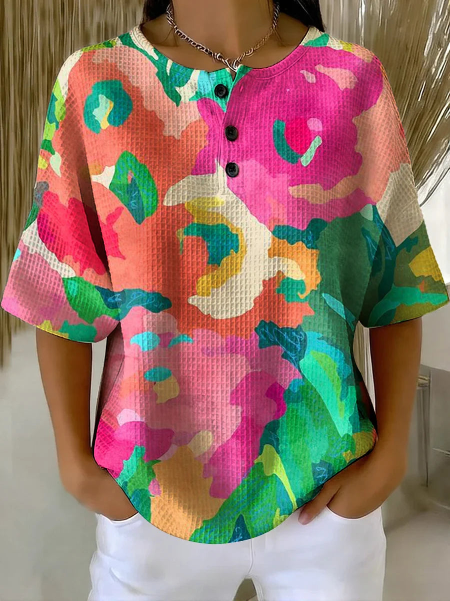 Women's Flower Art Print Casual Waffle Shirt