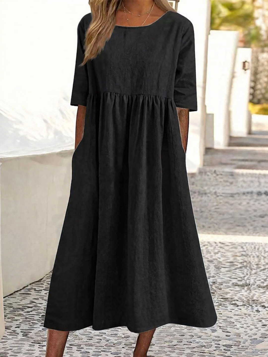 Ease Casual Short Sleeve Pocket Pleated Loose Round Neck Dress