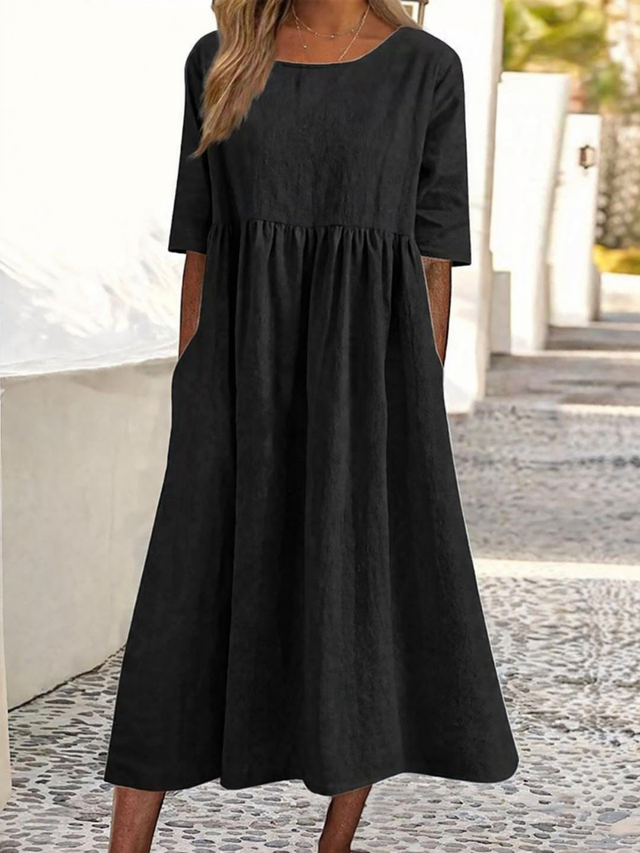 Ease Casual Short Sleeve Pocket Pleated Loose Round Neck Dress