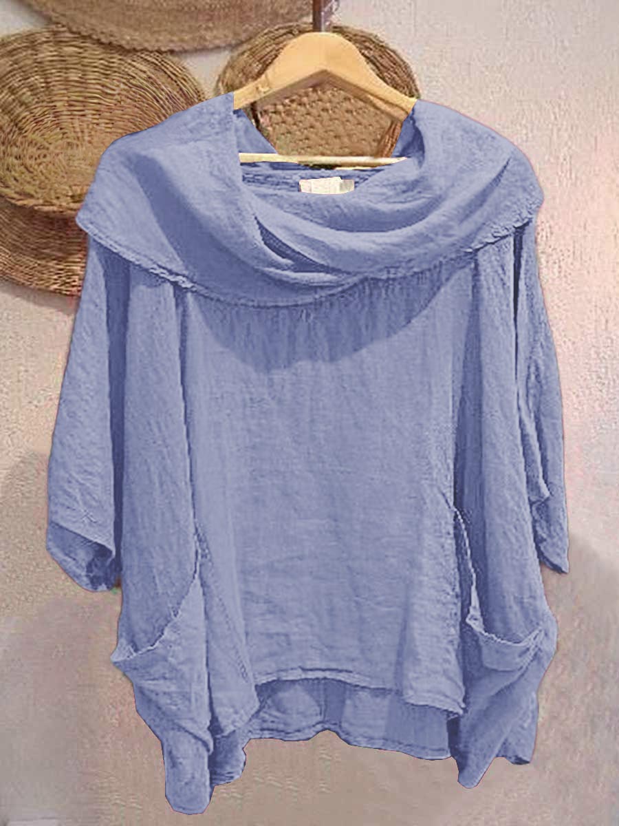 Women's Solid Color Draped Neck 3/4 Sleeve Comfortable Casual Breeze Pocket Top