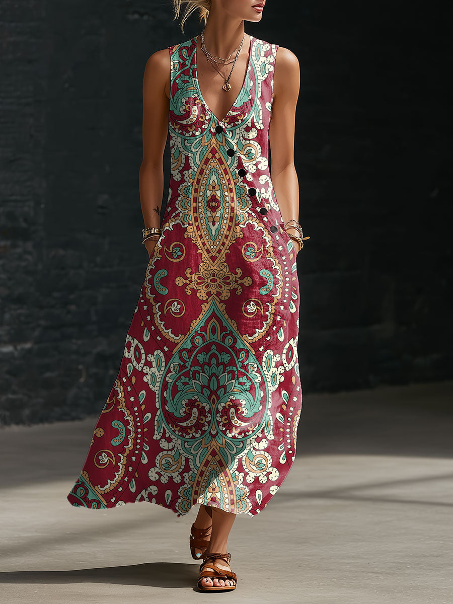 Women's Floral Print Button-down V-neck Casual Dress