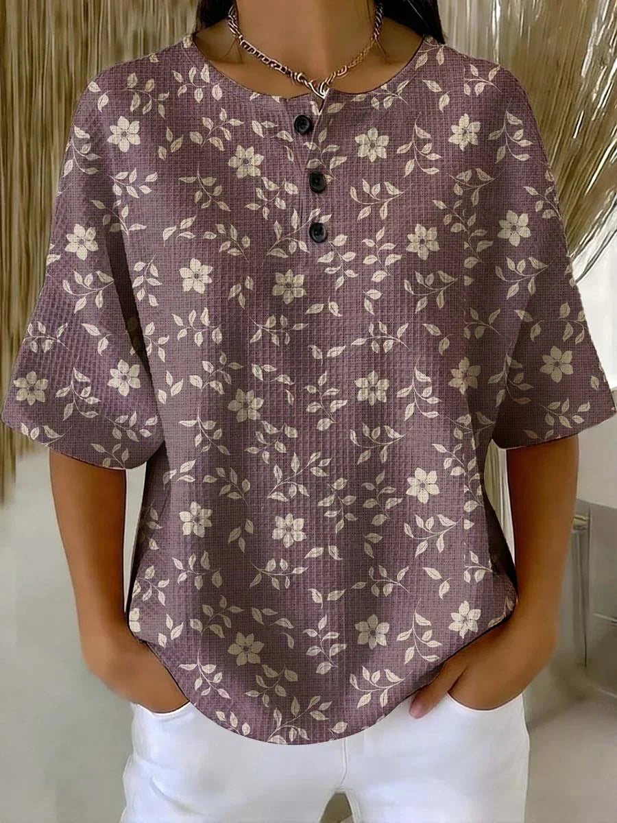 Women's Floral Art Print Casual Waffle Shirt