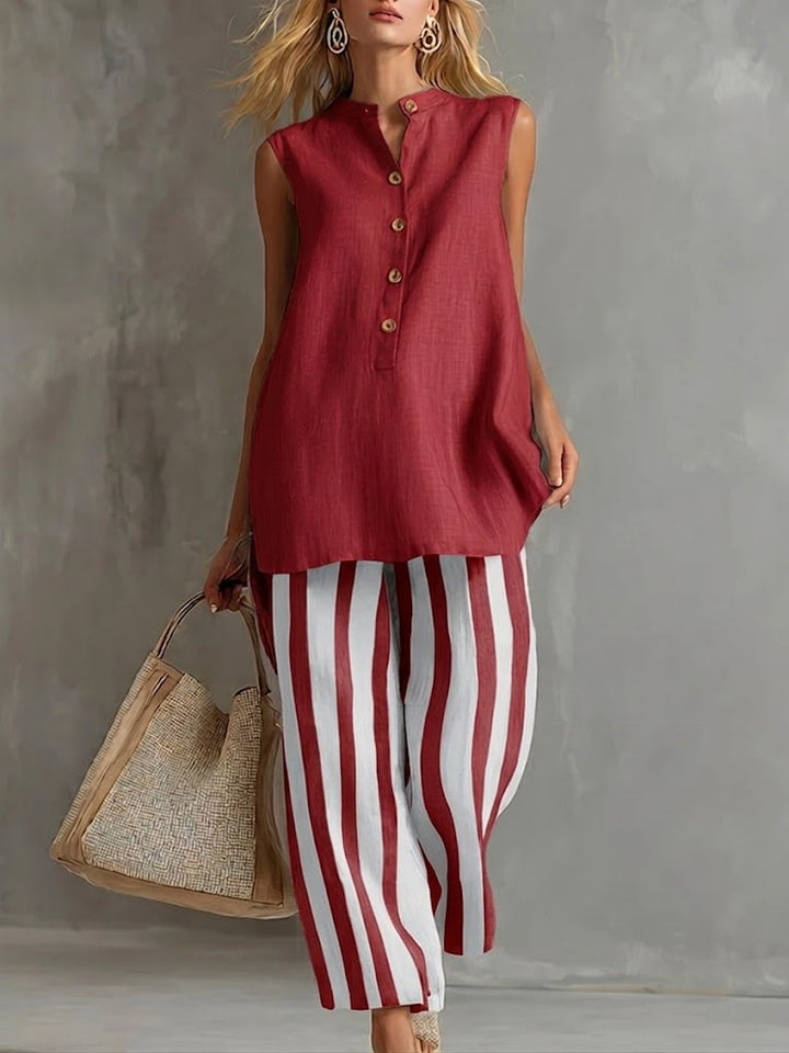 Casual Sleeveless blend Top And Striped Pants Two-piece Set