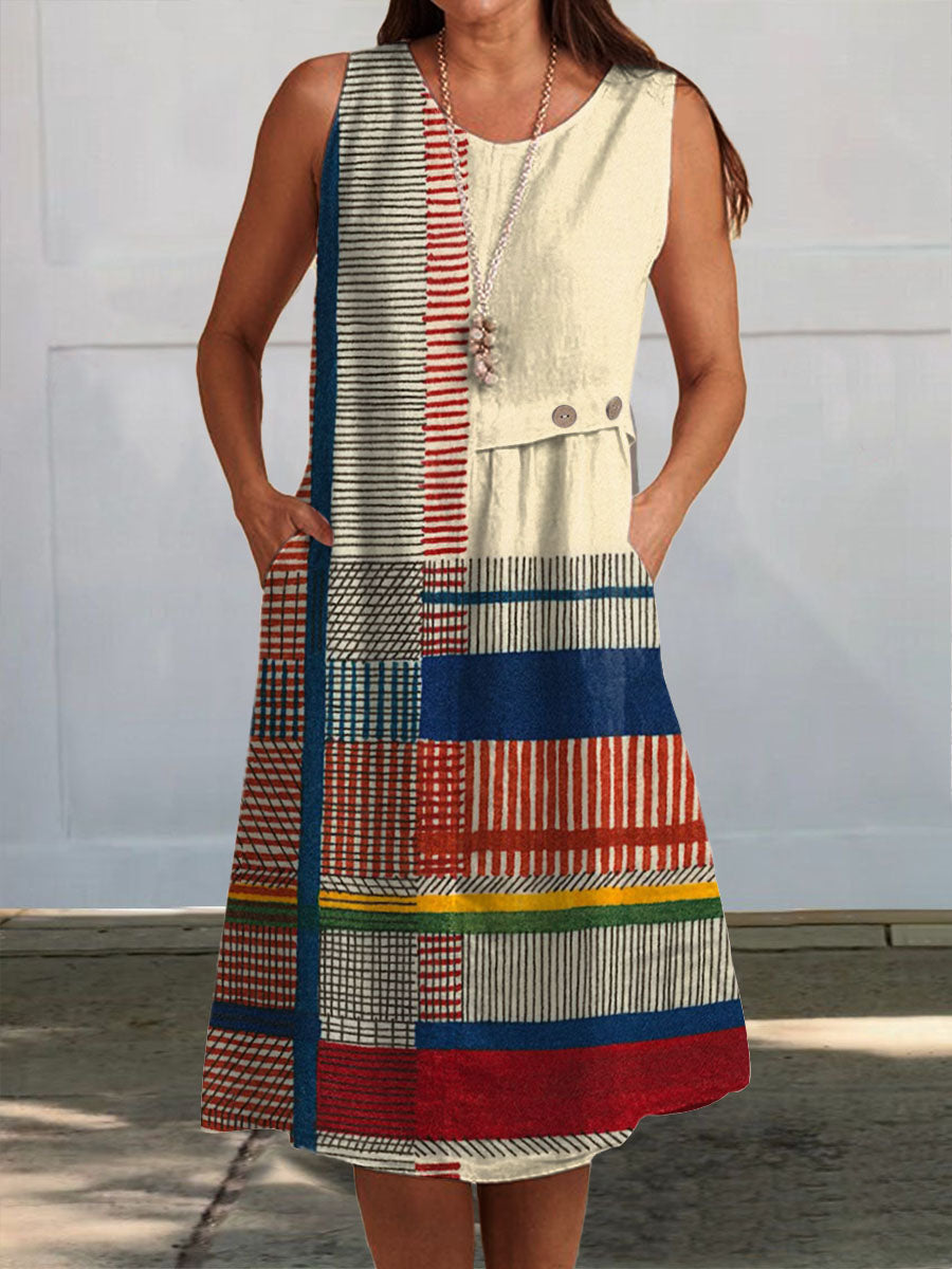 Women's Abstract Geometric Line Pattern Art Print Sleeveless Pocket Wrap Dress