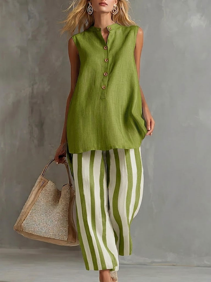 Casual Sleeveless blend Top And Striped Pants Two-piece Set