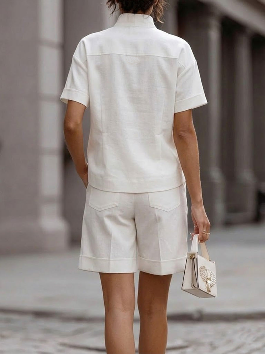 Women's V-neck Short-sleeved Casual Loose Breeze Top High-waisted Casual Loose Wide-leg Shorts Breeze Set