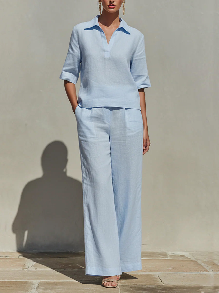 Women's Solid-color Ease Set: V-neck Short-sleeve Loose-fit Top And High-waisted Wide-leg Pants