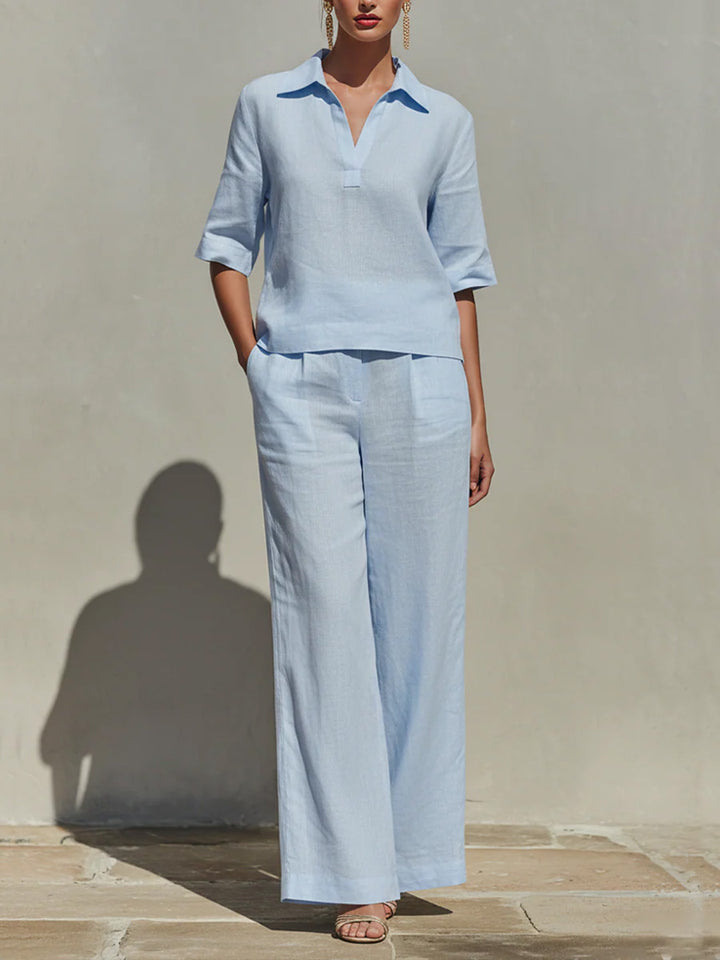 Women's Solid-color Ease Set: V-neck Short-sleeve Loose-fit Top And High-waisted Wide-leg Pants