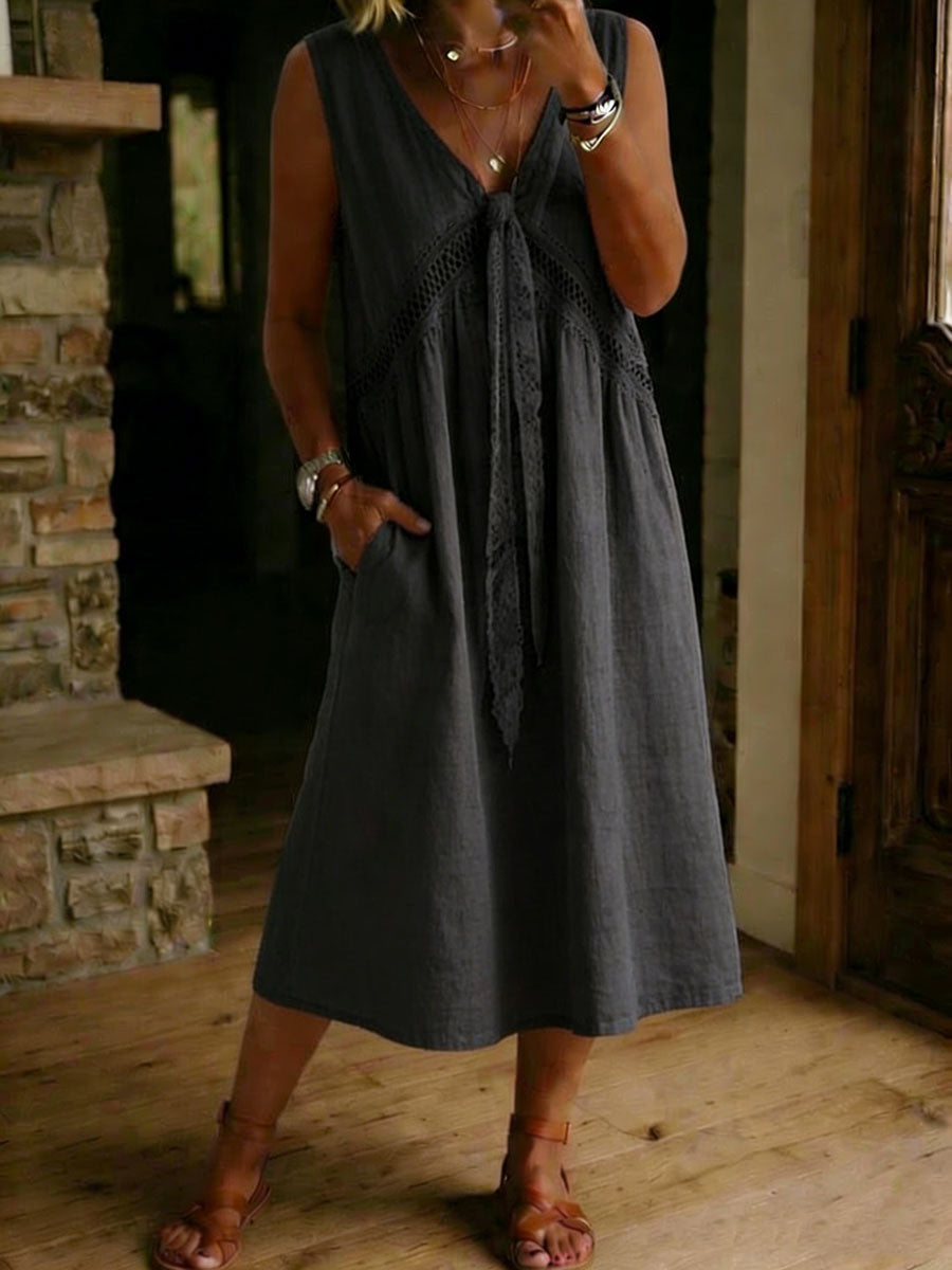 Casual Loose-fitting Patchwork Lace Trim Flow Sleeveless Dress