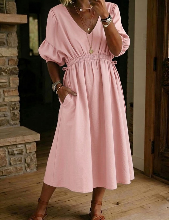 Retro-chic & Relaxed Style: V-neck, Puff-sleeve, Drift Midi Dress
