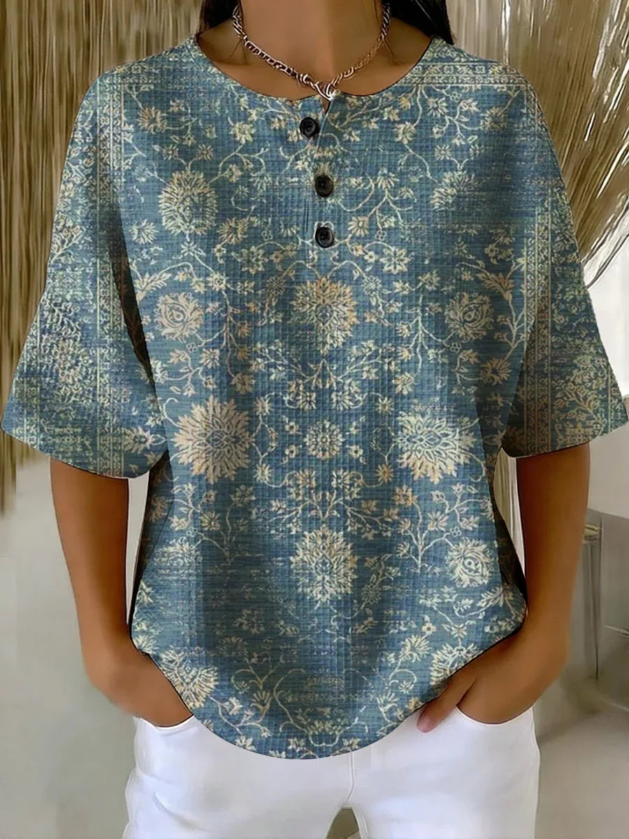 Women's Flower Art Print Casual Waffle Shirt