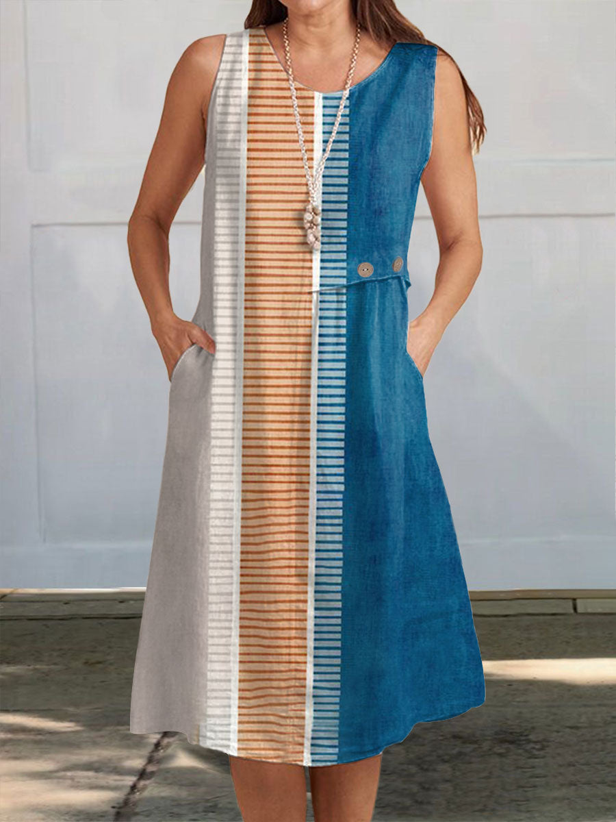 Women's Vintage Abstract Geometric Art Print V-Neck Sleeveless Pocket Wrap Dress