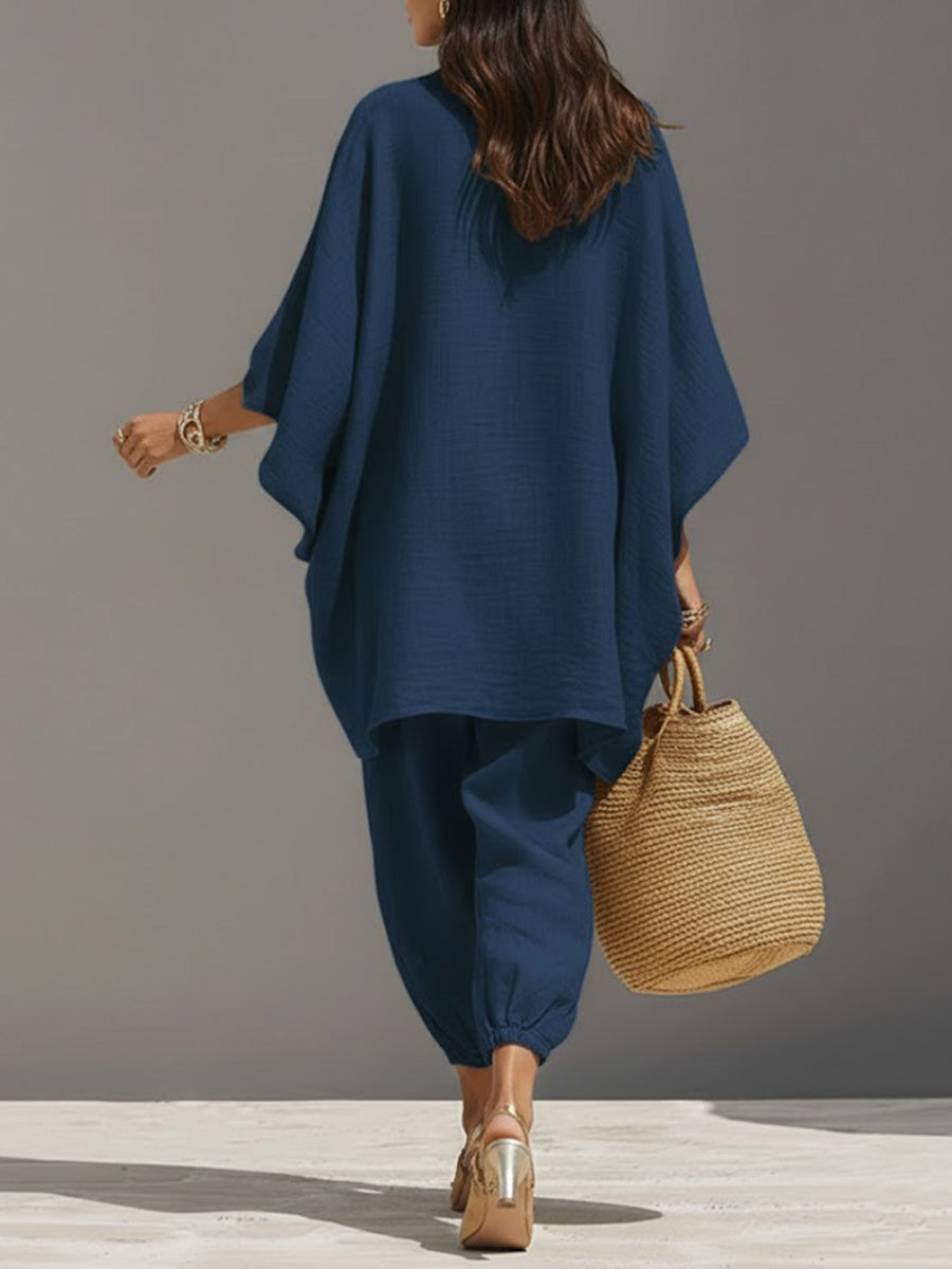 Women's Solid Color V-neck Long Sleeve Casual Loose Flow Top With Elastic Waist And Wide-leg Pants Set