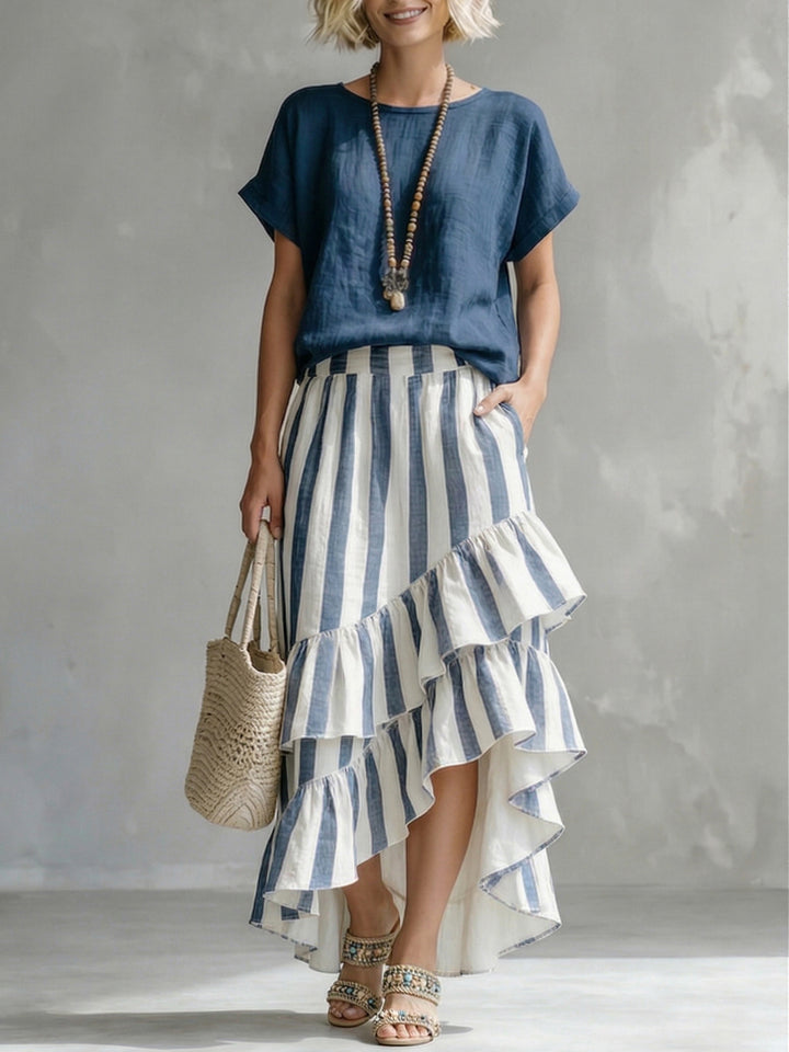 Romantic Striped Top And Ruffled Skirt Flow Two-piece Set