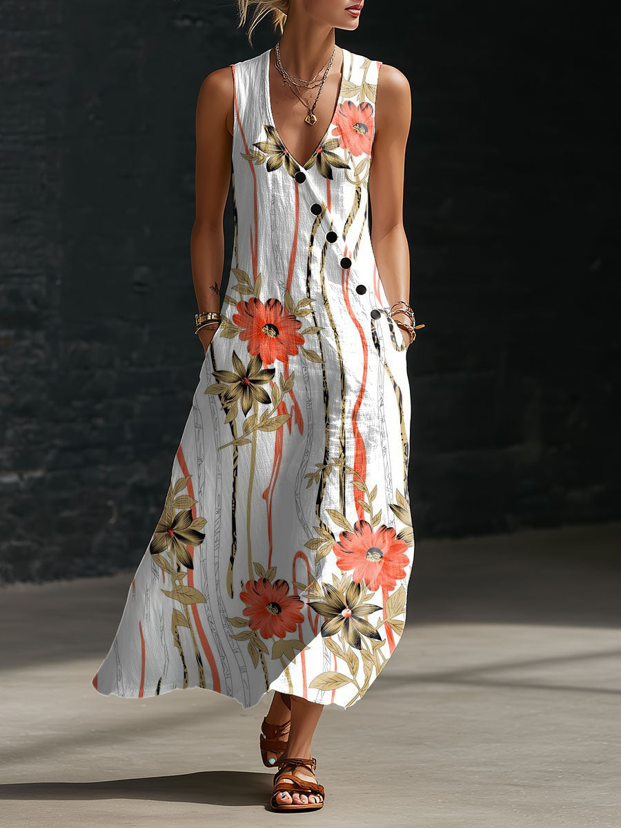 Women's Floral Print Button-down V-neck Casual Dress