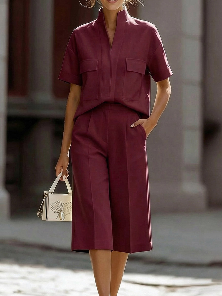 Women's V-neck Short-sleeved Casual Loose Drift Top And High-waisted Casual Loose Wide-leg Pants Drift Set