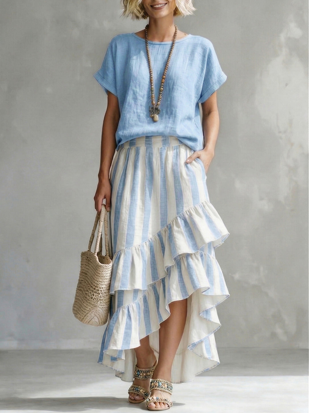 Romantic Striped Top And Ruffled Skirt Flow Two-piece Set