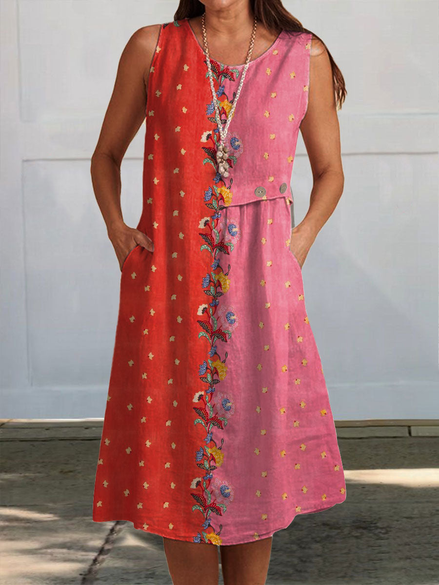 Women's Vintage Floral Art Print Sleeveless Pocket Wrap Dress