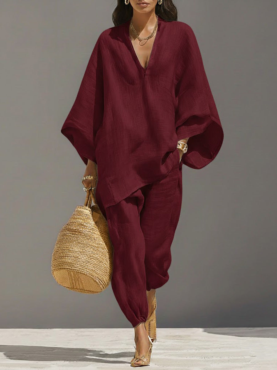 Women's Solid Color V-neck Long Sleeve Casual Loose Flow Top With Elastic Waist And Wide-leg Pants Set