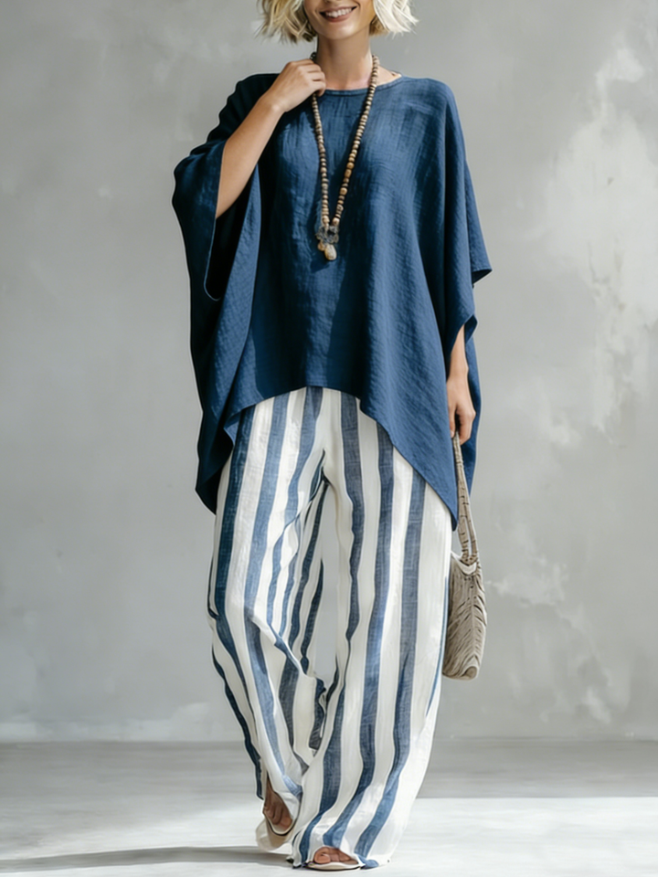 Classic Striped Batwing-sleeve Loose-fit blend Two-piece Set
