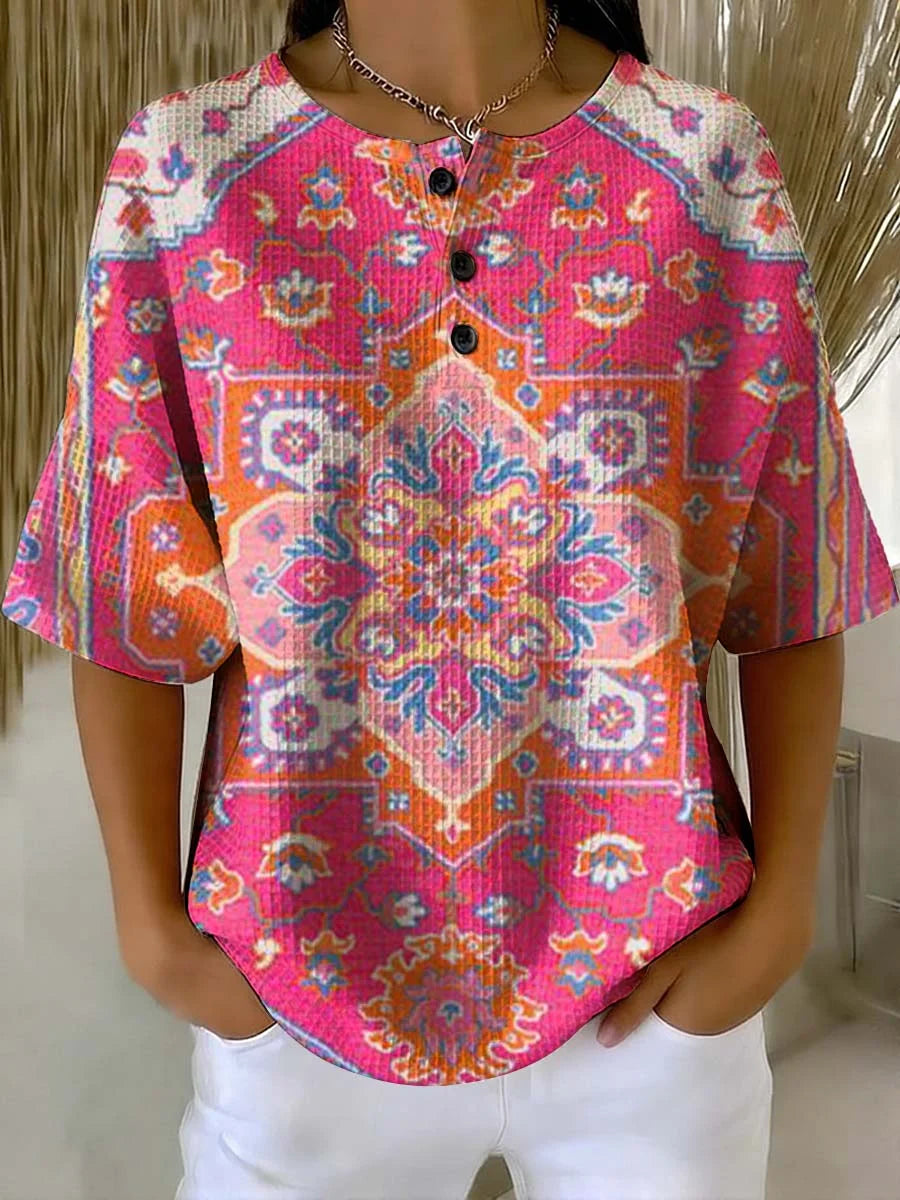 Women's Vintage Floral Art Print Casual Waffle Shirt