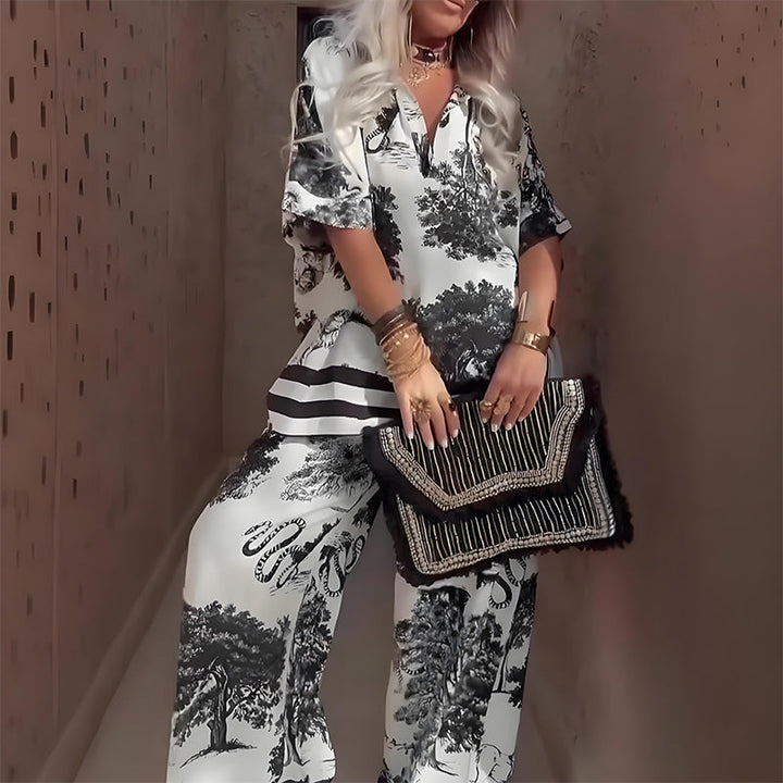 Linette Printed V-Neck Top &amp; Long Pants | Two-Piece Relaxed Set